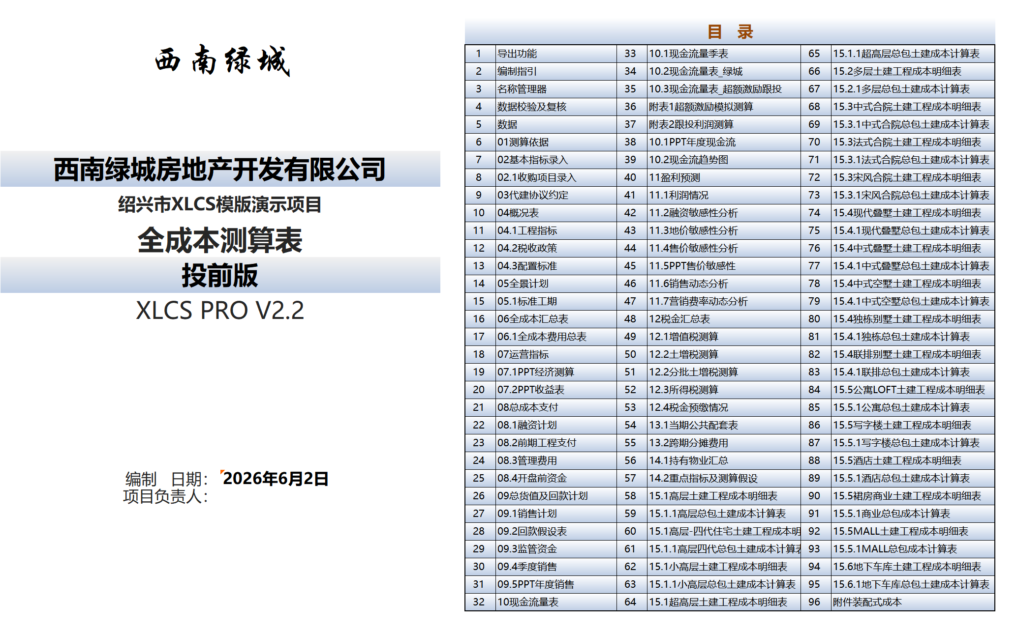 XLCS PRO 西绿项目全成本测算多地块版目录 XLCS PRO 西绿项目全成本测算多地块版目录