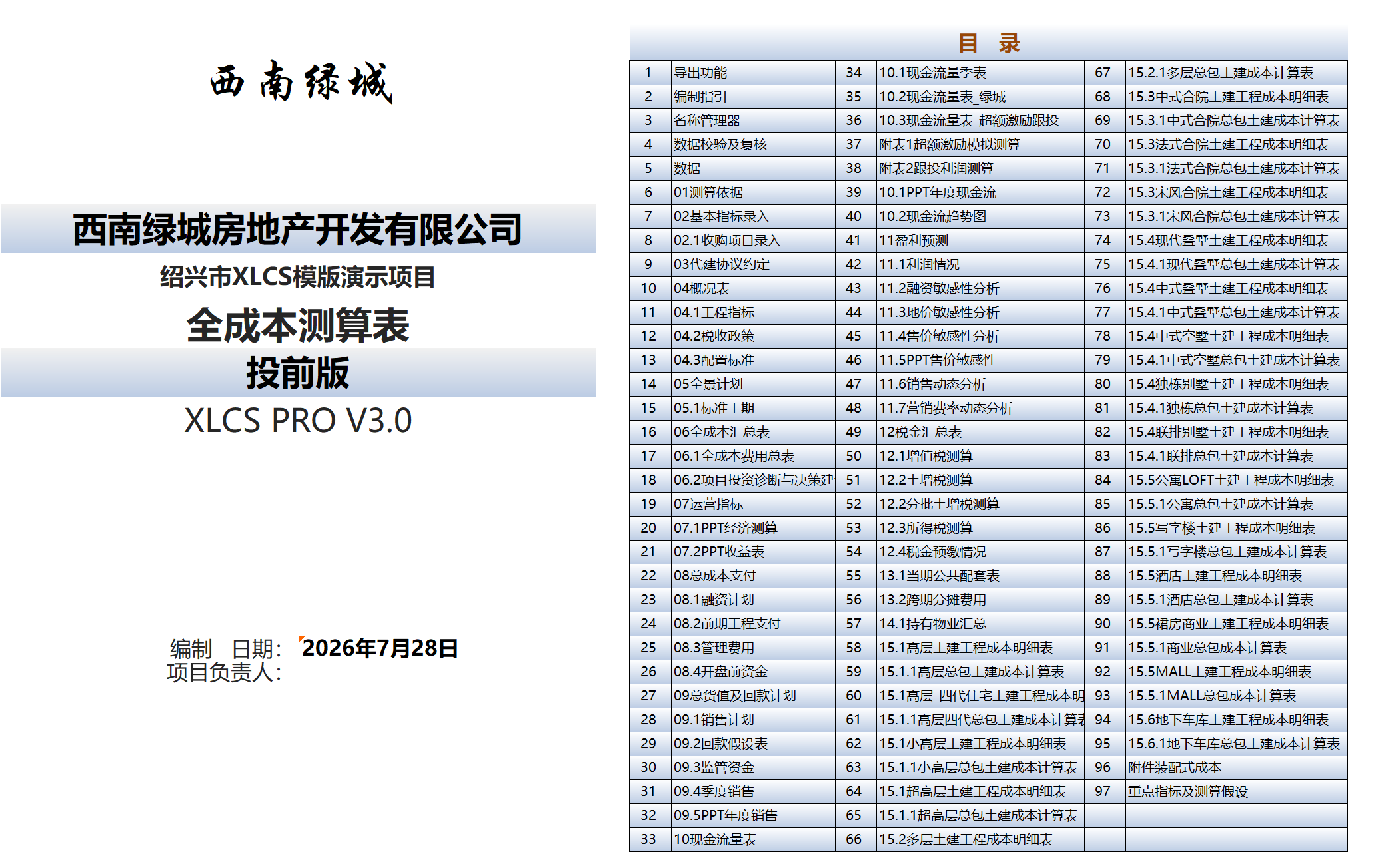 XLCS PRO 西绿项目全成本测算多地块版目录