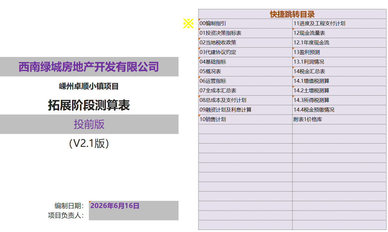 XLCS房产项目全成本测算模板V2预览 测算成果汇总页面预览