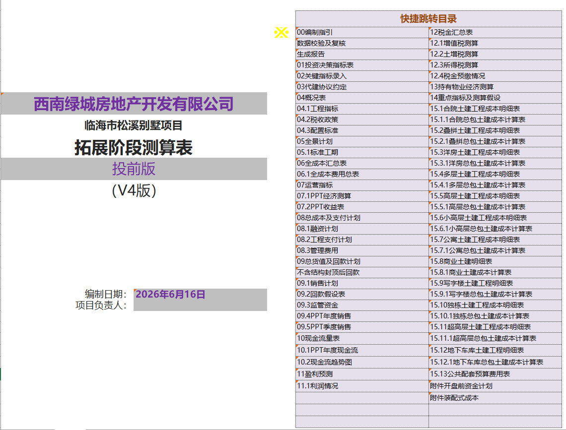 XLCS房产项目全成本测算模板V4预览 测算成果汇总页面预览